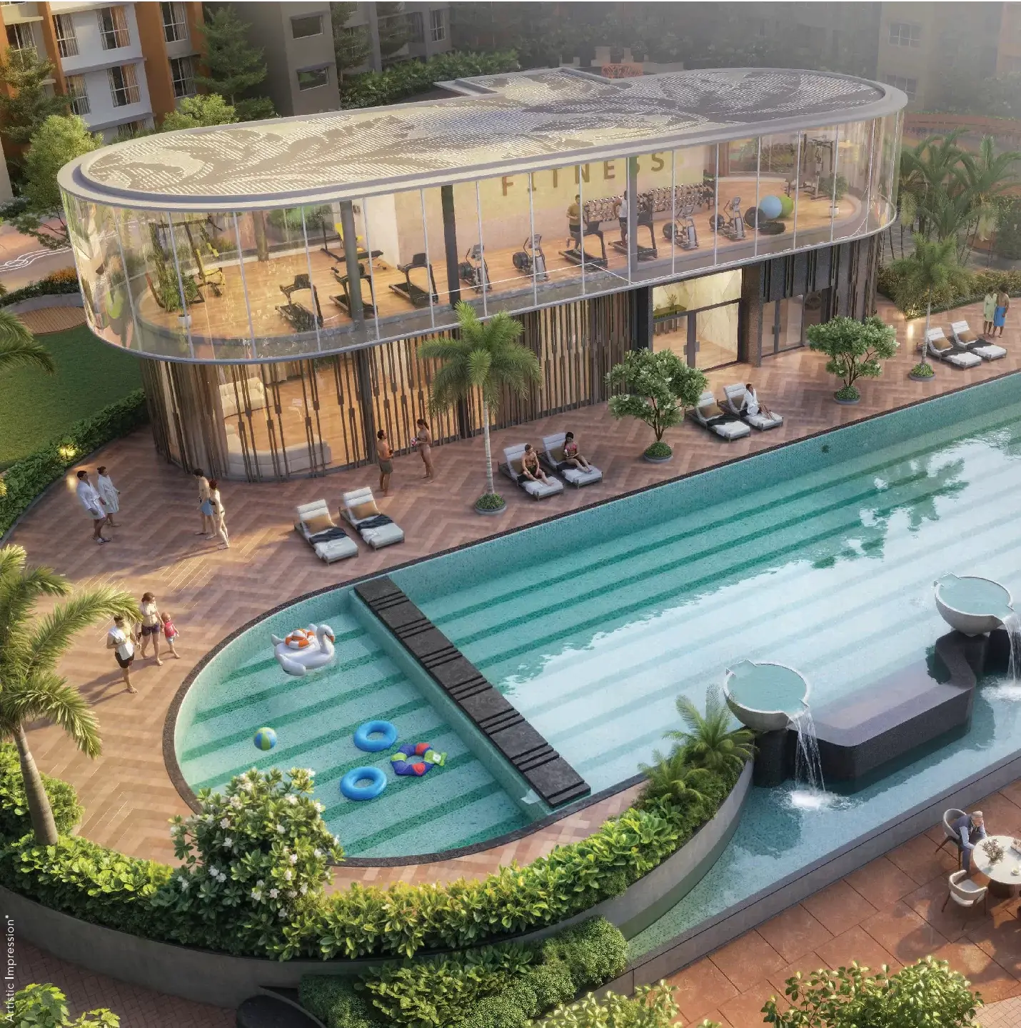 Glass-fronted fitness centre overlooking the lap pool
