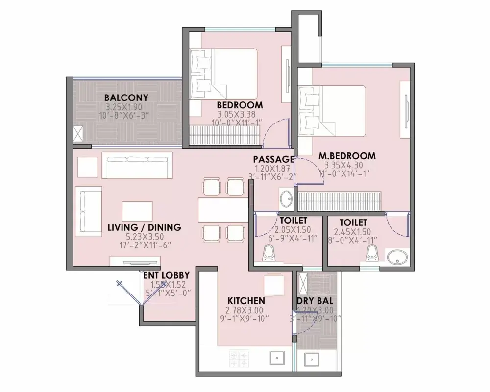 2 RLK Ultima - 829 Sq.ft carpet floor plan