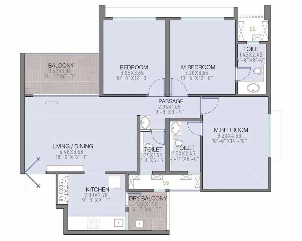 3 RLK Optima - 1021 Sq.ft carpet floor plan