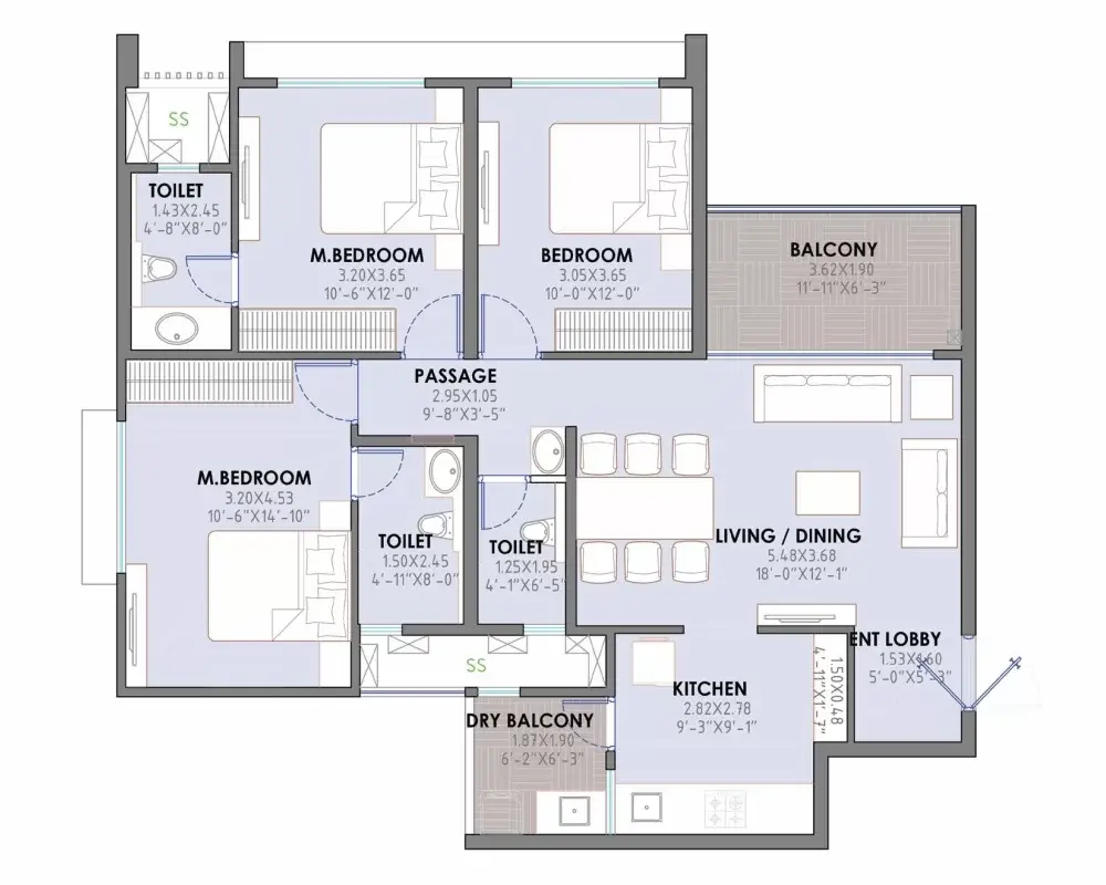 3 RLK Ultima - 1050 Sq.ft carpet floor plan