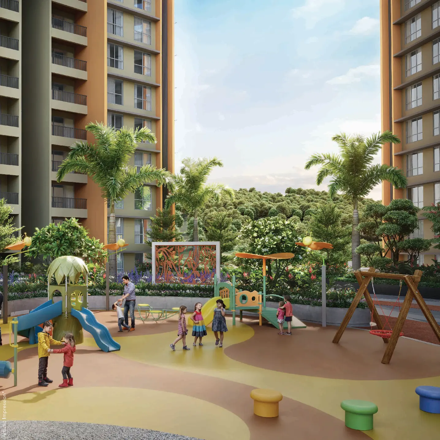 Children playing in the landscaped podium play area