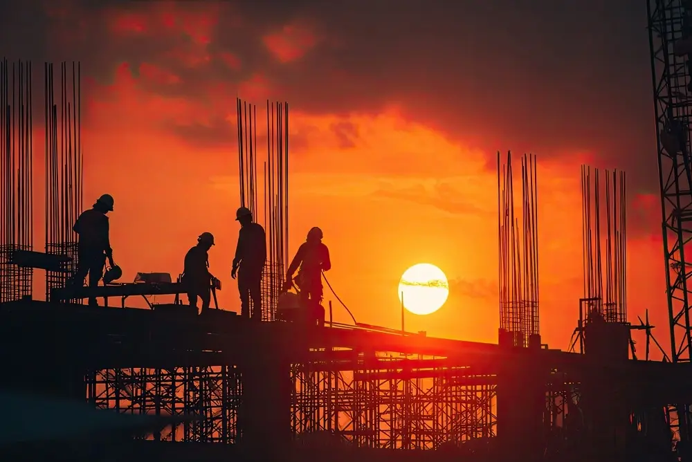 Workers on a reinforced concrete frame at dusk