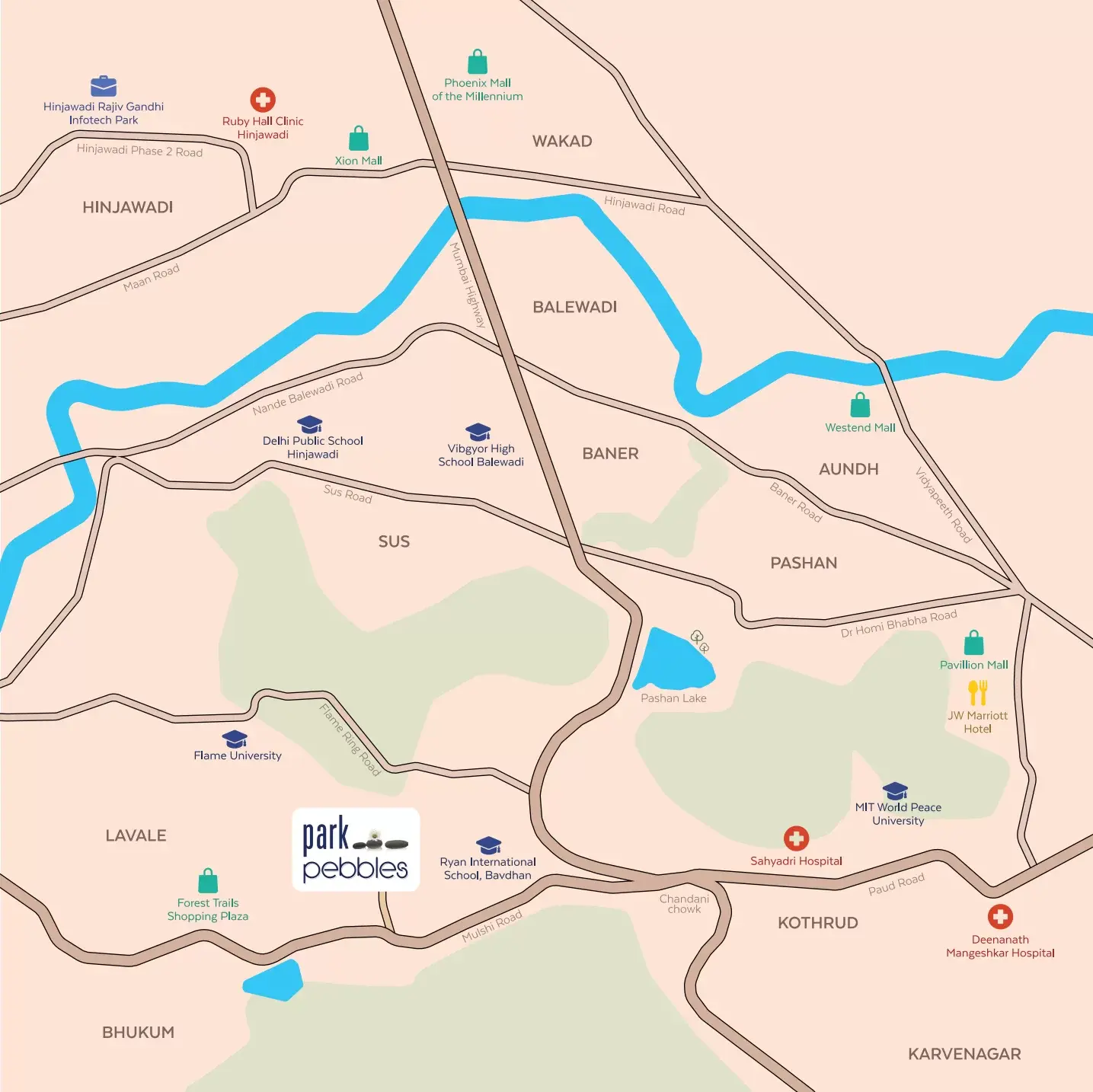 Location map showing Park Pebbles at Bhugaon relative to Baner, Aundh, Pashan and Hinjawadi