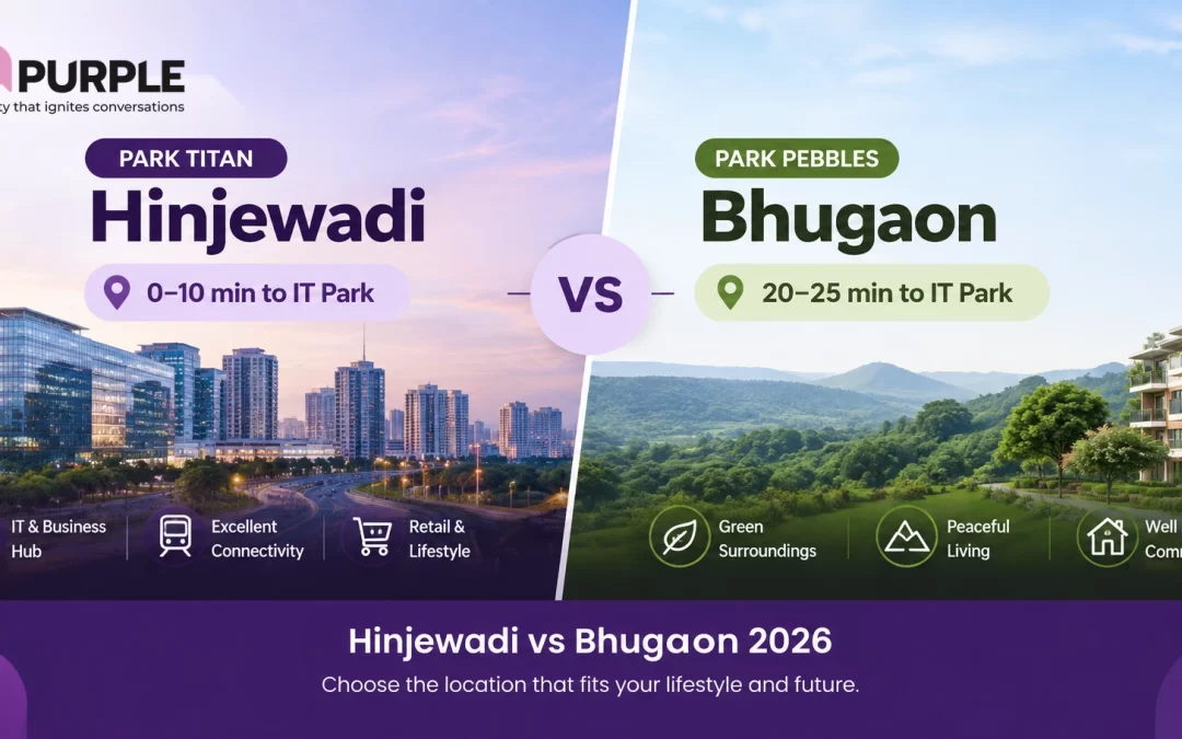 Hinjewadi vs Bhugaon 2026 comparison — Purple Realty's Park Titan in Hinjewadi (0-10 min to IT Park, business hub, excellent connectivity) versus Park Pebbles in Bhugaon (20-25 min to IT Park, green surroundings, peaceful living